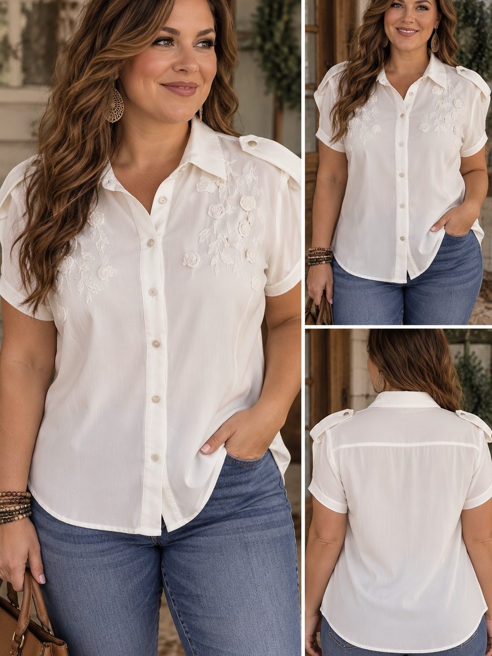 Everly Ivory Short-Sleeve Embroidered Button-Down Shirt
